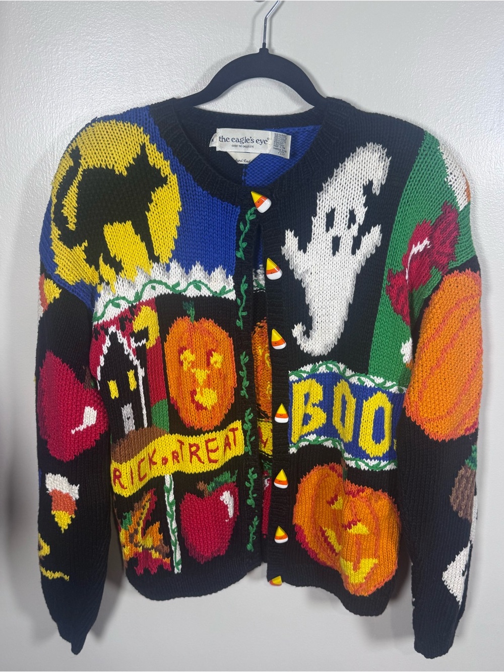 Vintage The Eagles Eye 90s Hand Knit Halloween Nostalgic Patchwork Cardigan Sz M